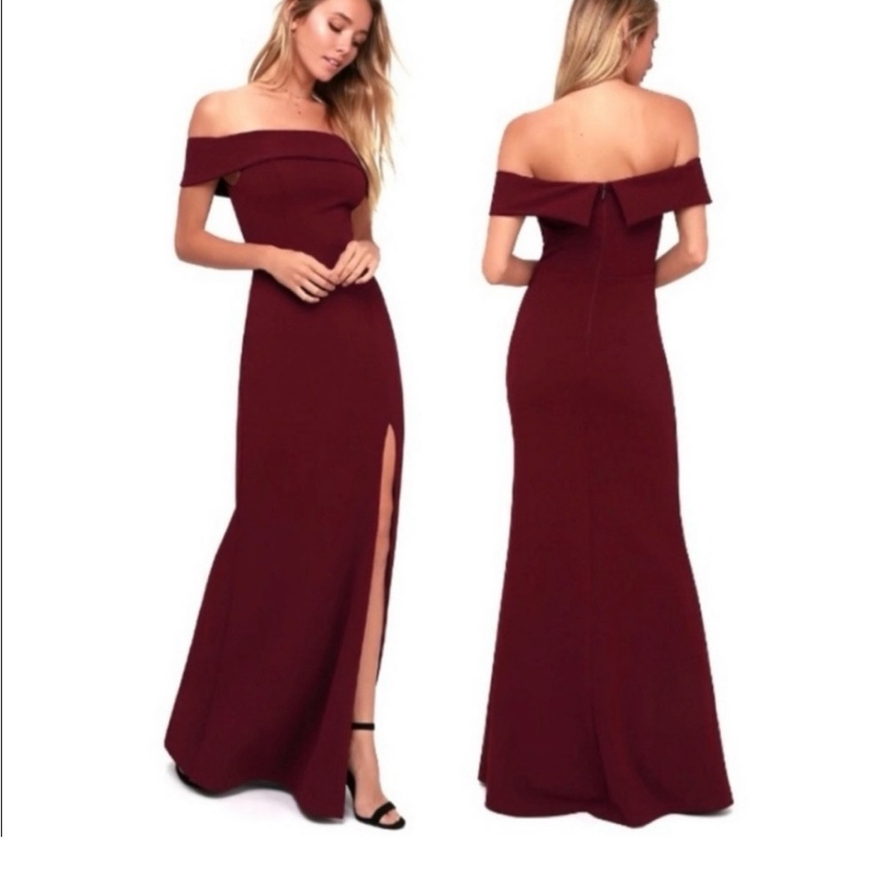 Lulu's One-Shoulder Burgundy Evening Gown with Side Slit